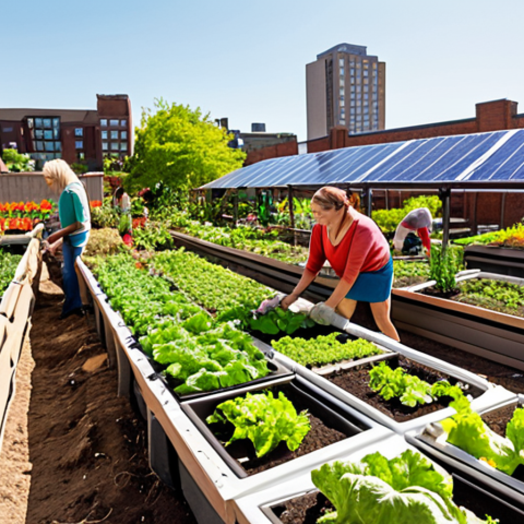 **Prompt:** A vibrant, sun-drenched community garden in an urban setting. Diverse people of all ages are working together, tending to rows of vegetables and flowers. Solar panels are visible on nearby rooftops. The overall scene exudes a sense of collaboration, sustainability, and joyful connection to nature. Style: realistic, warm color palette, emphasis on natural light.
