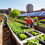 **Prompt:** A vibrant, sun-drenched community garden in an urban setting. Diverse people of all ages are working together, tending to rows of vegetables and flowers. Solar panels are visible on nearby rooftops. The overall scene exudes a sense of collaboration, sustainability, and joyful connection to nature. Style: realistic, warm color palette, emphasis on natural light.