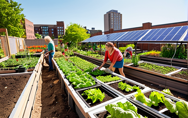 **Prompt:** A vibrant, sun-drenched community garden in an urban setting. Diverse people of all ages are working together, tending to rows of vegetables and flowers. Solar panels are visible on nearby rooftops. The overall scene exudes a sense of collaboration, sustainability, and joyful connection to nature. Style: realistic, warm color palette, emphasis on natural light.