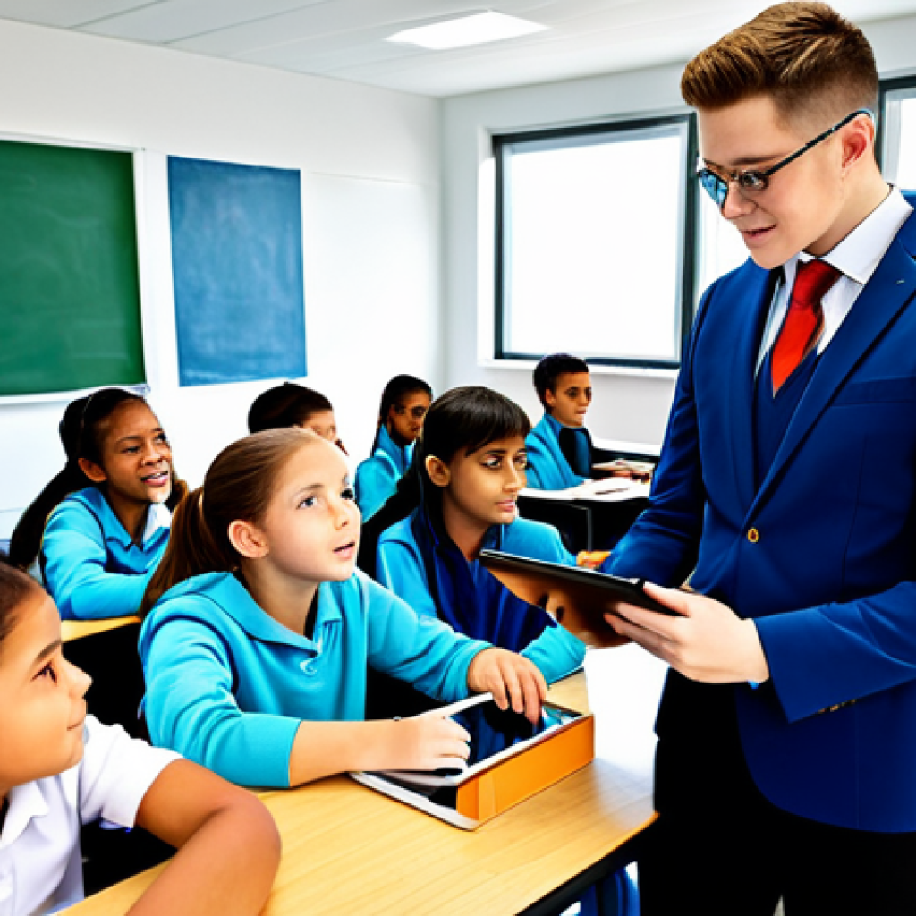 Personalized Education**

"A bright and engaged student, fully clothed in appropriate school attire, using an interactive tablet in a modern classroom, surrounded by other students collaborating on a project, safe for work, perfect anatomy, correct proportions, family-friendly learning environment, high-resolution, professional illustration"

**