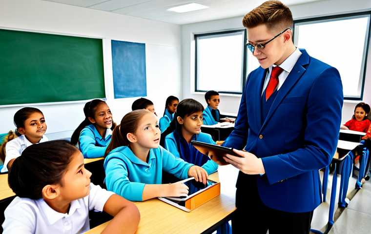 Personalized Education**
"A bright and engaged student, fully clothed in appropriate school attire, using an interactive tablet in a modern classroom, surrounded by other students collaborating on a project, safe for work, perfect anatomy, correct proportions, family-friendly learning environment, high-resolution, professional illustration"
**