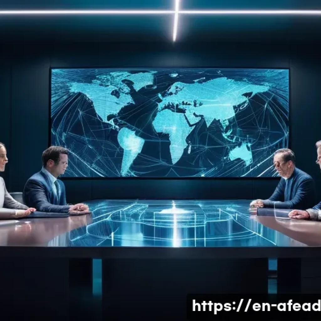 미래 공동체의 법적 이슈 - **AI Accountability Maze**
    A highly detailed, futuristic boardroom scene. In the center, a diver...