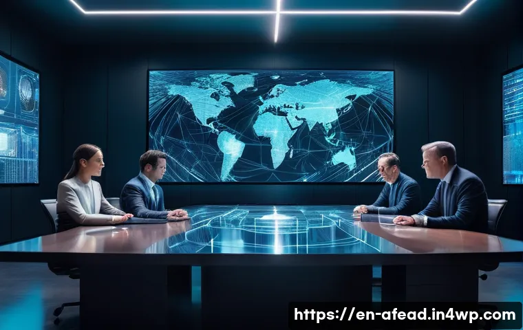 미래 공동체의 법적 이슈 - **AI Accountability Maze**
    A highly detailed, futuristic boardroom scene. In the center, a diver...