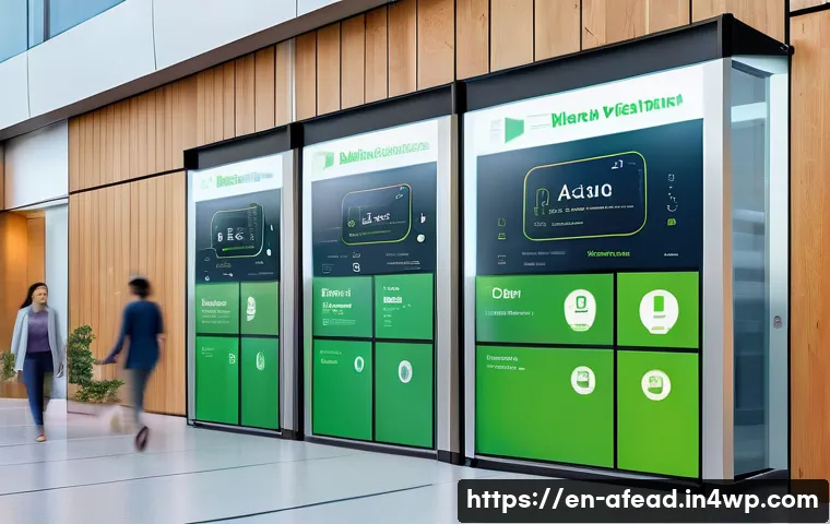 미래 공동체의 복지 모델 - A futuristic community healthcare center interior featuring diverse patients interacting with AI-pow...