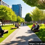 Home 21 공동체 형성을 위한 정책 제안 - A vibrant urban community park scene during a sunny afternoon, featuring diverse groups of people ca...