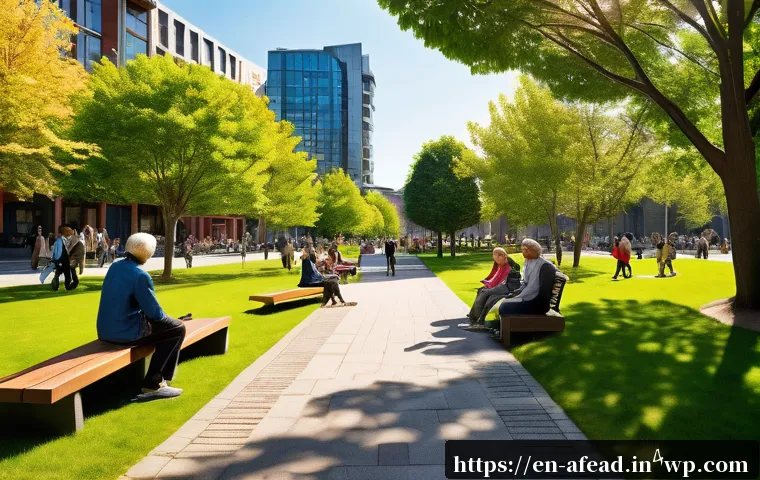 공동체 형성을 위한 정책 제안 - A vibrant urban community park scene during a sunny afternoon, featuring diverse groups of people ca...