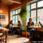 Home 20 공동체 형성의 장애물과 극복 방안 - A warm, cozy café corner scene with diverse adults engaged in deep, meaningful conversation around a...