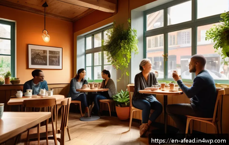 공동체 형성의 장애물과 극복 방안 - A warm, cozy café corner scene with diverse adults engaged in deep, meaningful conversation around a...