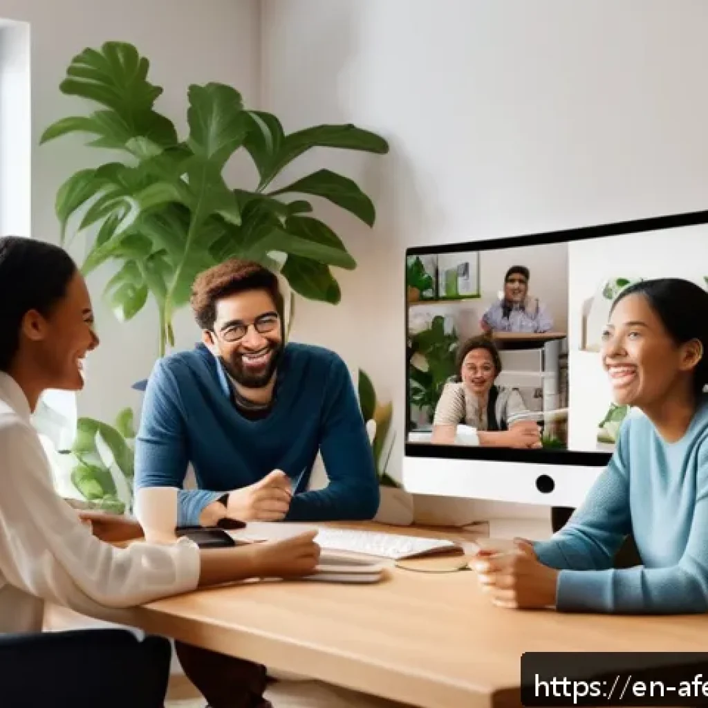 디지털 시대의 공동체 형성 전략 - A diverse group of online community members engaging warmly in a virtual video call, with expressive...
