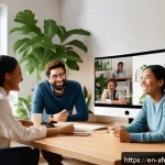Home 18 디지털 시대의 공동체 형성 전략 - A diverse group of online community members engaging warmly in a virtual video call, with expressive...