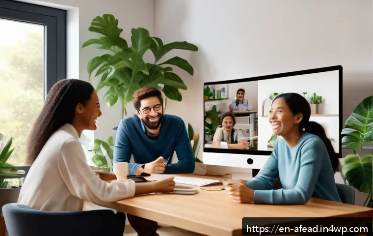 디지털 시대의 공동체 형성 전략 - A diverse group of online community members engaging warmly in a virtual video call, with expressive...