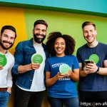 Home 23 공동체 참여를 위한 인센티브 - A diverse group of enthusiastic adults in a modern coworking space celebrating personalized achievem...