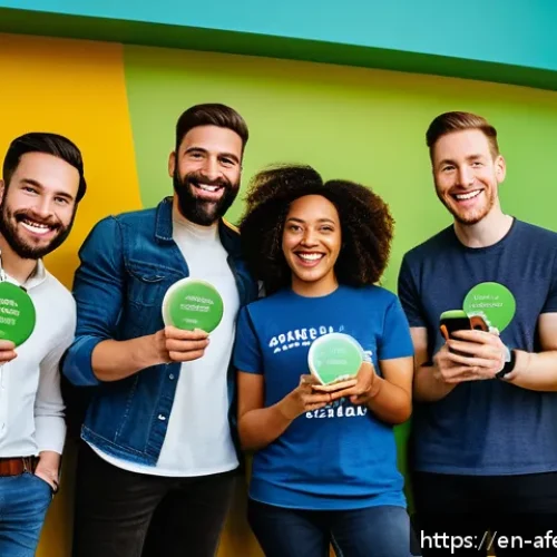 Home 17 공동체 참여를 위한 인센티브 - A diverse group of enthusiastic adults in a modern coworking space celebrating personalized achievem...